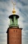 Close-up views of the City Hall`s tower Stadshuset in Stockholm, Sweden.