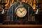 close-up of a vintage art deco clock on a wooden mantel