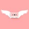 Close up of vintage audio tape cassette with angel wings concept illustration on pink background