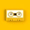 Close up of vintage audio tape cassette with speakers concept illustration on yellow background