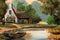 Close-up of Vintage Idyllic Country Cottage and Log Cabin Oil Painting