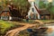 Close-up of Vintage Idyllic Country Cottage and Log Cabin Oil Painting