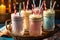 close-up of vintage milkshake glasses with striped straws