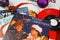 Close up of vintage vinyl record cover singles with famous christmas songs focus on Wham last christmas cover