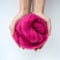 Close-up of violet merino wool ball in hands