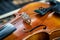 Close up of violin strings with shallow depth of field. Antique music instrument