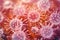 Close-up of virus cells or bacteria on red bloody background. Generative AI