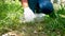 Close up of volunteers sit and picking up garbage in the park. Environment plastic pollution. The concept of World Environment Day