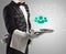 Close-up of waiter serving social media icons