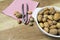 Close up of walnuts, hazelnuts and almonds on wooden table