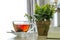 Close up the warm black tea cup on the wooden table in living