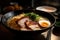 close-up of warm and savory bowl of tonkotsu ramen, with floating slices of roast pork and scallions