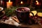 a close-up of warm, steaming mulled wine in a festive mug