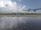 Close-up of water drops on glass and unfocused background of airplane wing entering runway