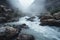 close-up of water rushing through canyon, with mist rising from the stream