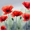 Close up of watercolor variegated red poppy corollas on their stems, with a blue light and light green-grey gradient background