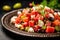 close-up of watermelon salad with feta cheese and olives