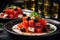 close-up of watermelon salad with feta cheese and olives