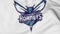 Close-up of waving flag with Charlotte Hornets NBA basketball team logo, 3D rendering