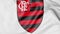 Close-up of waving flag with Clube de Regatas do Flamengo football club logo, 3D rendering
