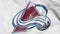 Close-up of waving flag with Colorado Avalanche NHL hockey team logo, 3D rendering