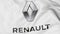 Close-up of waving flag with Groupe Renault logo, editorial 3D rendering