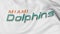 Close-up of waving flag with Miami Dolphins NFL American football team logo, 3D rendering
