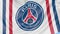 Close-up of waving flag with Paris Saint-Germain F.C. football club logo, seamless loop, blue background. Editorial