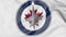 Close-up of waving flag with Winnipeg Jets NHL hockey team logo, 3D rendering