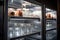 close-up of a well-kept walk-in refrigerator with glass shelves and metallic handles