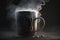 close-up of a well-used iron mug, with steam rising from the hot beverage