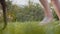 Close-up of the wheel of a garden wheelbarrow standing in the grass on the lawn.