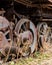 Close up wheels on abandoned stream powered locomotive.