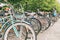 Close up of wheels of bicycles