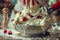 Close up of Whisk Blending Fresh Cream with Raspberries in Bowl, Homemade Dessert Preparation, Baking Concept, Kitchen Action Shot