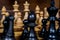 Close up white and black chess figurines on a chess board