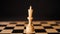 Close up of white chess piece on board. Wooden figure of king on chessboard on black background. Concept of intelligent