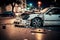 Close-up of a white crashed car on the side of the road in the city, ai generative illustration