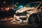 Close-up of a white crashed car on the side of the road by night in the city, ai generative illustration