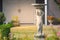 Close up white sculpture or statue standing on outdoor garden for decoration.