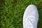 Close up of a white sports shoe, trainer, runner on grass background. Ready to run, business kick off concept