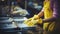 Close up of white tableware girl washing dishes in bright industrial kitchen with yellow gloves