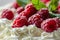 Close up of white whipped cream with raspberries for background and design