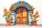 close-up of a whitewashed spanish revival doorway, magazine style illustration