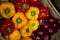 Close-up of wicker basket full of bell pepper