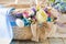 Close up wicker basket with original floral decor