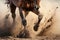 close-up of a wild horses hooves kicking up dust while galloping