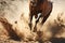 close-up of a wild horses hooves kicking up dust while galloping