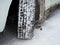 Close-up of a winter car tire tread with snow and ice