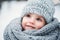 Close up winter portrait of adorable smiling baby girl